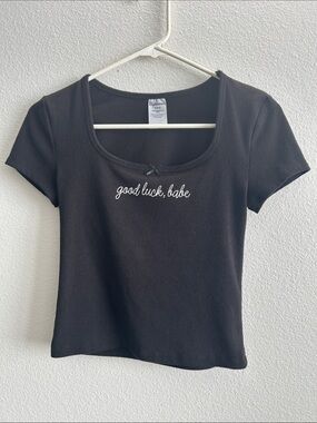No Boundaries Black Scoop Neck Tee with "good luck, babe"